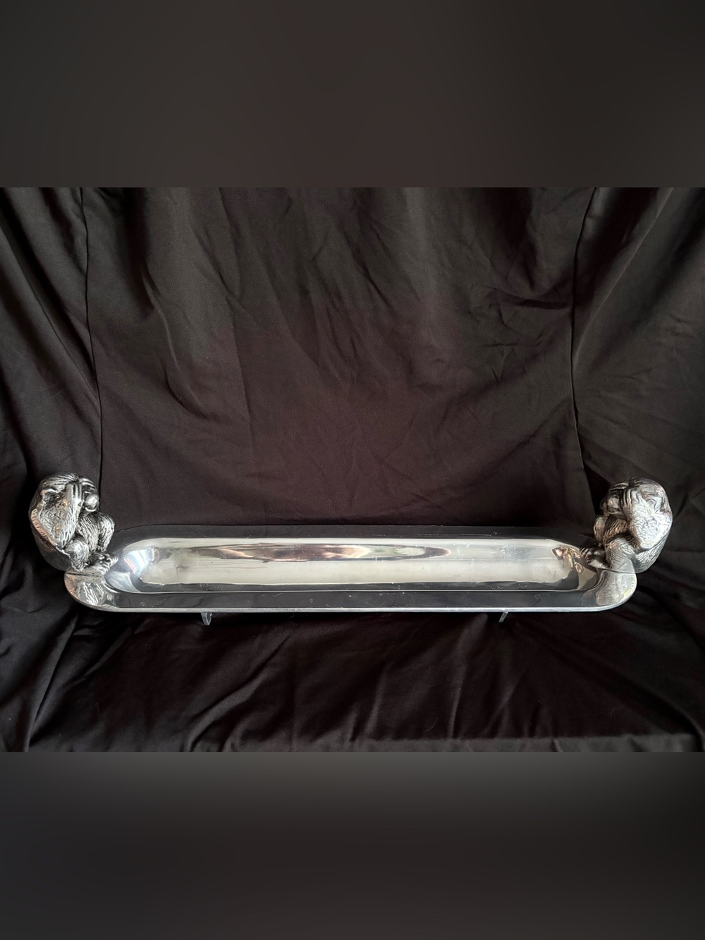 Vintage Aluarte See No Evil Monkey Canoe Tray Long Dish Cast Aluminum Silver 18”